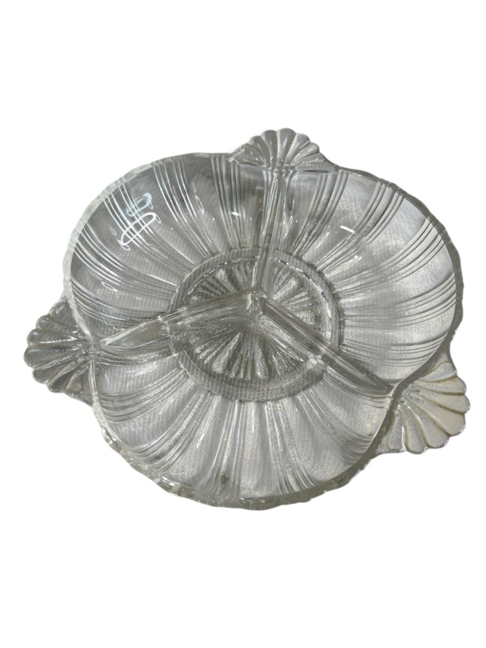 Vintage 40s Hazel-Atlas Tricorne Shell-shaped Divided Relish Dish Clear Glass